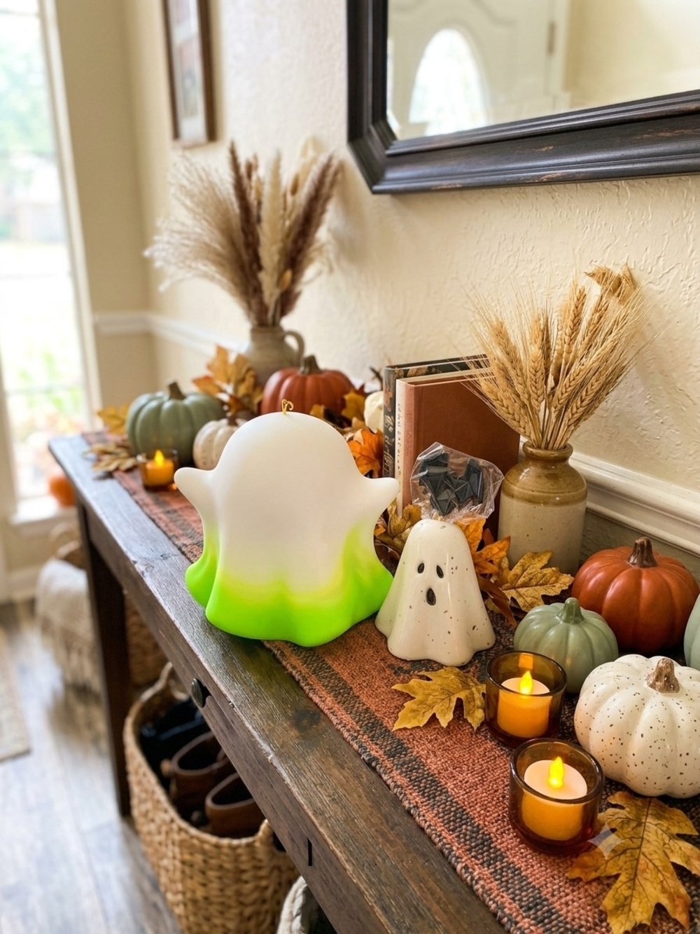 Hallmark 3D Ghost Halloween White/Green Ornament & Ghost Toothpick Holder W/ Bat